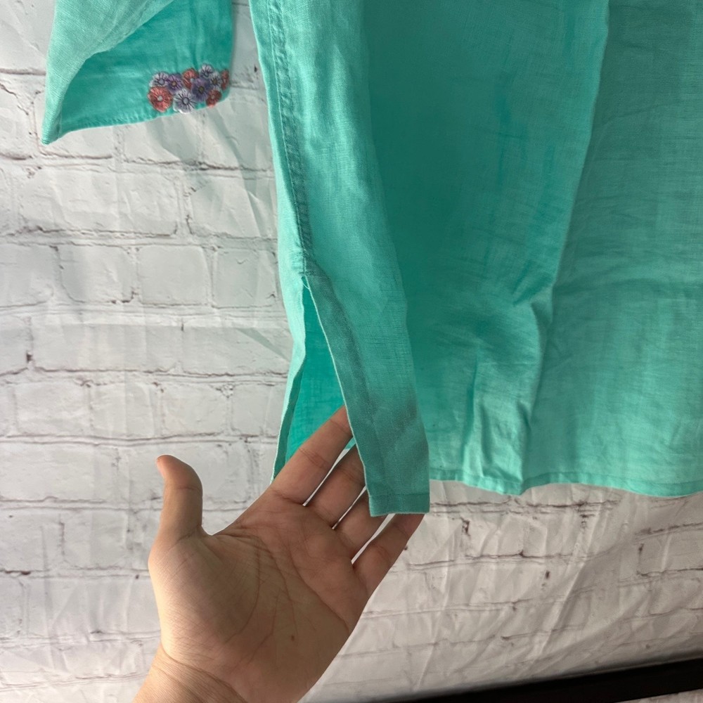 David N 100% Linen Seafoam Green Embroidered Colorful Peacock Blouse L - Picture 7 of 12
